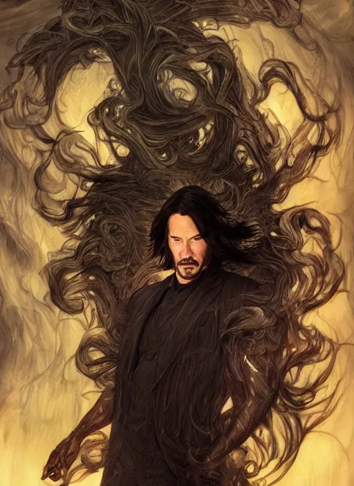 Image similar to keanu reeves as sandman elemental, with fingers and hair turning into smoke, fantasy, intricate, elegant, highly detailed, digital painting, artstation, concept art, wallpaper, smooth, sharp focus, illustration, art by artgerm and greg rutkowski and alphonse mucha