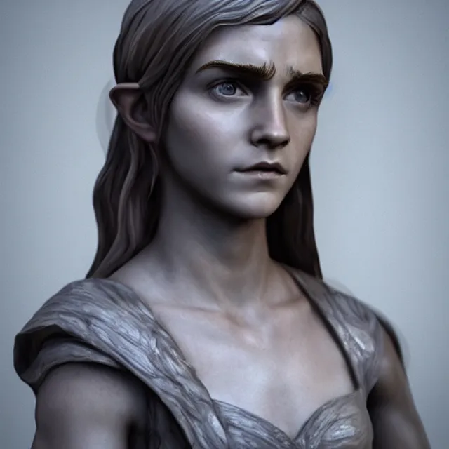 Image similar to marble sculpture of emma watson as an elf warrior, realistic, unreal engine render, octane render, hyper realistic, photo, 8 k, cinematic lighting