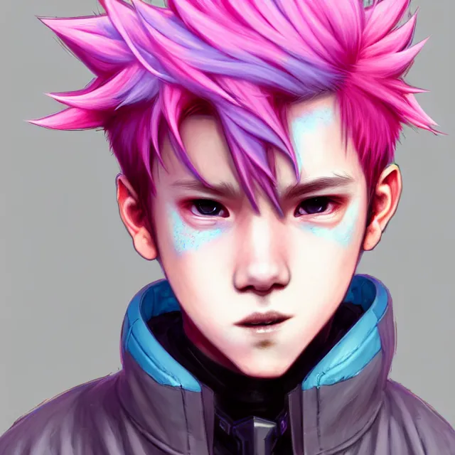 Image similar to character concept art of a cyberpunk boy with pink hair and pink wolf ears and freckles | | cute - fine - face, pretty face, key visual, realistic shaded perfect face, fine details by stanley artgerm lau, wlop, rossdraws, james jean, andrei riabovitchev, marc simonetti, and sakimichan, trending on artstation