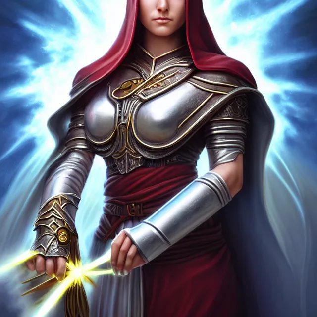 Image similar to holy cleric warrior with light powers, artgerm, anne stokes, highly detailed, 8 k, hdr, close up, smooth, sharp focus, high resolution, award - winning photo