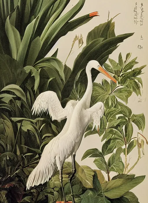 Image similar to tiger, white crane, tropical plants, botanical, large exotic flowers, biology, realistic, painted by john audubon