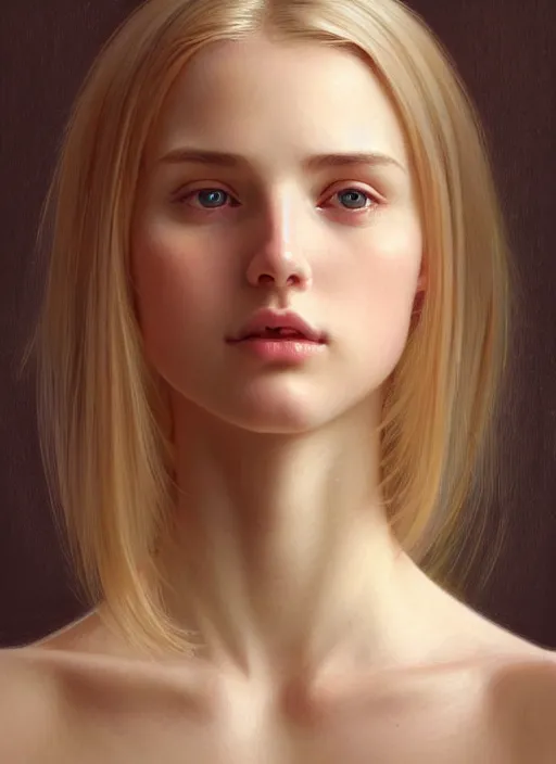 Image similar to symmetry!! portrait of young woman blessed with ever - increasing physical and mental perfection, slice - of - life, realism, blonde hair, perfect face!! intricate, elegant, highly detailed, holy perfection!! digital painting, artstation, concept art, smooth, sharp focus, illustration, humanity, art by artgerm and greg rutkowski and alphonse mucha