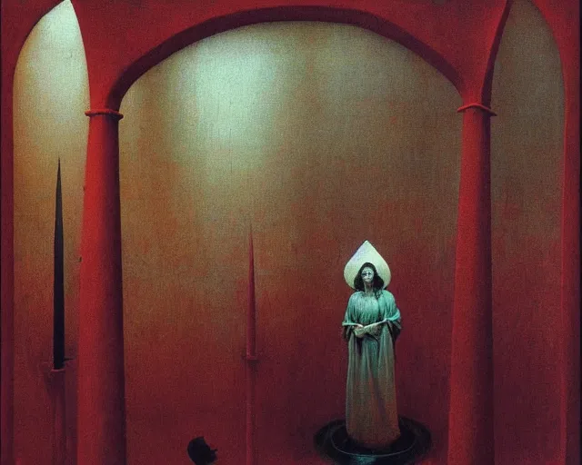 Image similar to devotion to the scarlet woman, priestess in a conical hat, coronation, ritual, sacrament, by francis bacon, beksinski, ( bosch ), mystical redscale photography, opulence, luxury, maximalism.