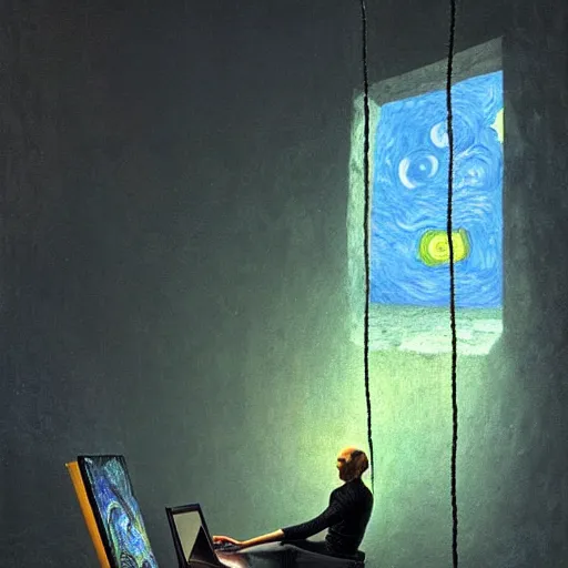 Image similar to A man programs A.I. on a laptop in a climbing gym - award-winning digital artwork by Salvador Dali, Beksiński, Van Gogh and Monet. Stunning lighting