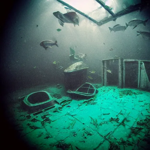 Image similar to abandoned rusty underwater theme park, surreal, horror, eerie, creepy, murky water, underwater, underwater photography, dark, submechanophobia, distant shark,