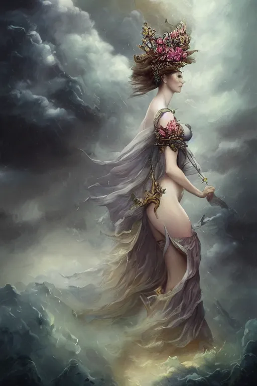Prompt: portrait matte fine art of the beauty goddess catriona balfe, she has a crown of stunning flowers and gemstones, background full of stormy clouds, by peter mohrbacher