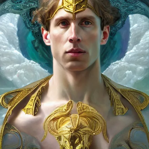 Image similar to portrait of nick bostrom as a heavenly god, full body, muscular, fantasy, intricate, elegant, highly detailed, digital painting, artstation, concept art, matte painting, sharp focus, illustration, art by artgerm and greg rutkowski and alphonse mucha