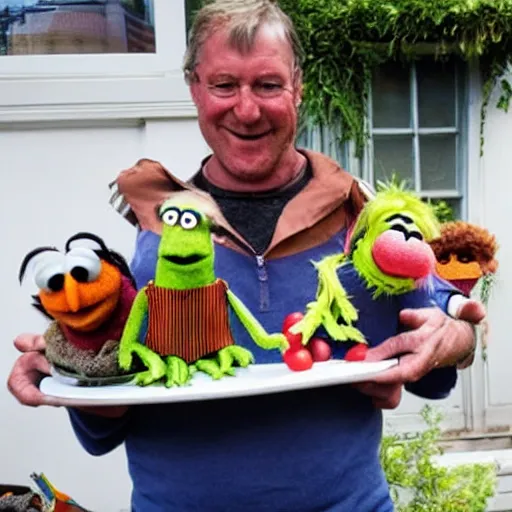 Prompt: a man holding a dinner plate full of muppets