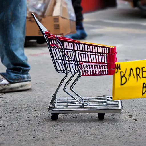 Image similar to homeless Barbie doll, pushing shopping cart on Skid Row, 8k, photorealistic