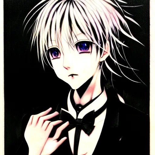 Image similar to Yoshitaka Amano realistic illustration of an anime girl with short white hair and black eyes wearing tuxedo, abstract black and white patterns on the background, noisy film grain effect, highly detailed, Renaissance oil painting