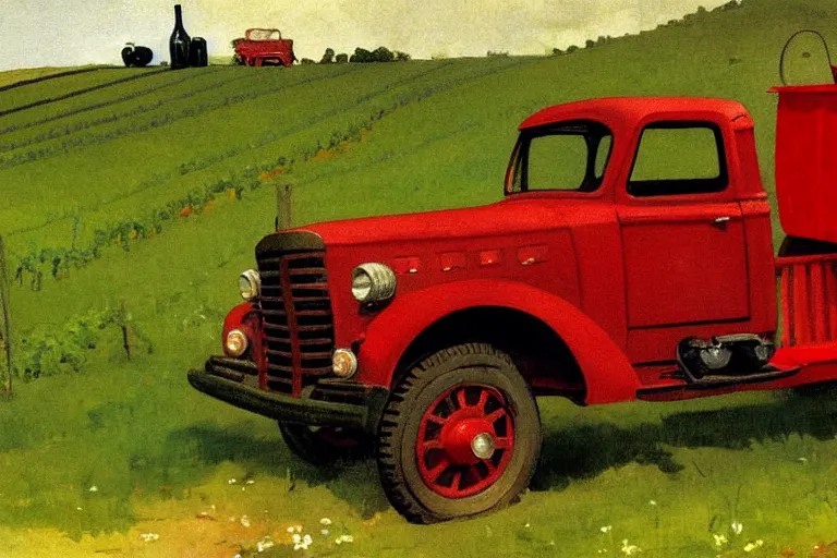 Image similar to painting of a vintage red truck in a vineyard by winslow homer