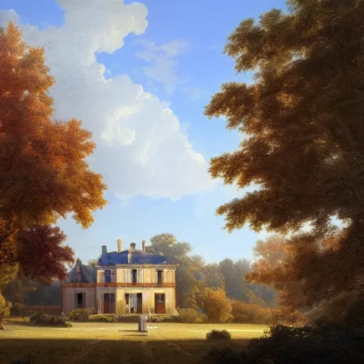 Image similar to a large serene beautiful matte painting of a quaint french country mansion, by asher brown durand and greg rutkowski, featured on artstation, blue and orange color scheme