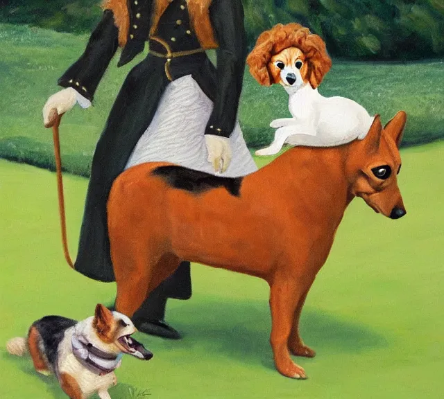 Image similar to oil painting of queen elizabeth riding a corgi like a horse across the lawn of buckingham palace