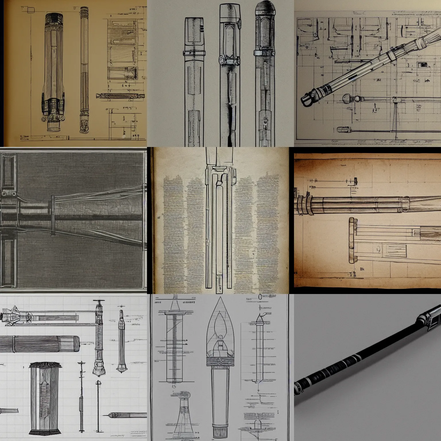 Prompt: detailed ancient blueprints of a lightsaber