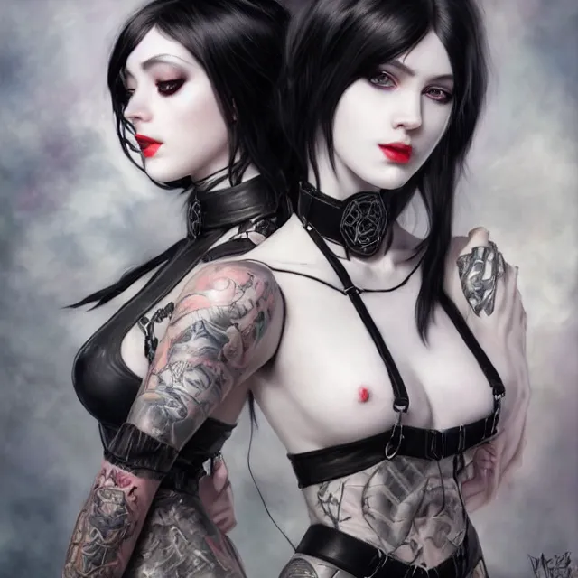 Prompt: two beautiful pale skin white eyed cosplay girls, black hair, fully tattooed body, leather fishnet harness with choker, symmetrical, beautiful detailed face, masterpiece, artstation contest winner, trending artgerm, paint by magali villeneuve and karol bak and artgerm and stanley lau and wlop