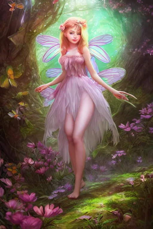 Image similar to a cute fairy in the dreamy forest, fantasy, 8 k resolution, hyper detailed, d & d, character design, digital painting, trending on artstation, sharp focus, illustration, art by artgerm, steve zheng, fuji choko, viktoria gavrilenko, hoang lap