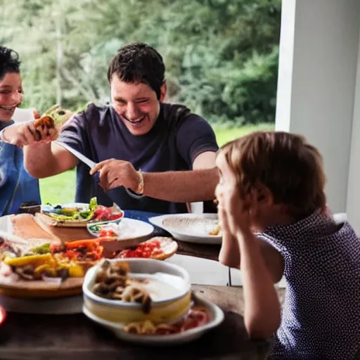 Image similar to a family sitting around the dinner table eating parts of a live cow