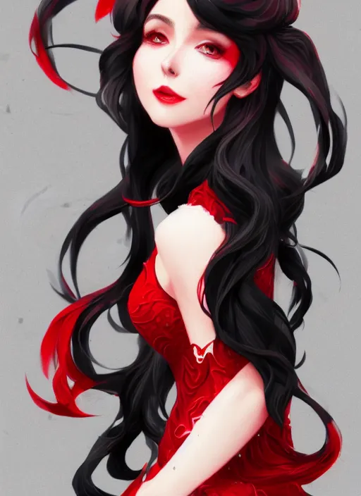 Prompt: a highly detailed illustration of hime cut black long haired woman wearing red dress, elegant smiling pose, perfect face, perfect body, intricate, elegant, highly detailed, centered, digital painting, artstation, concept art, smooth, sharp focus, league of legends concept art, wlop