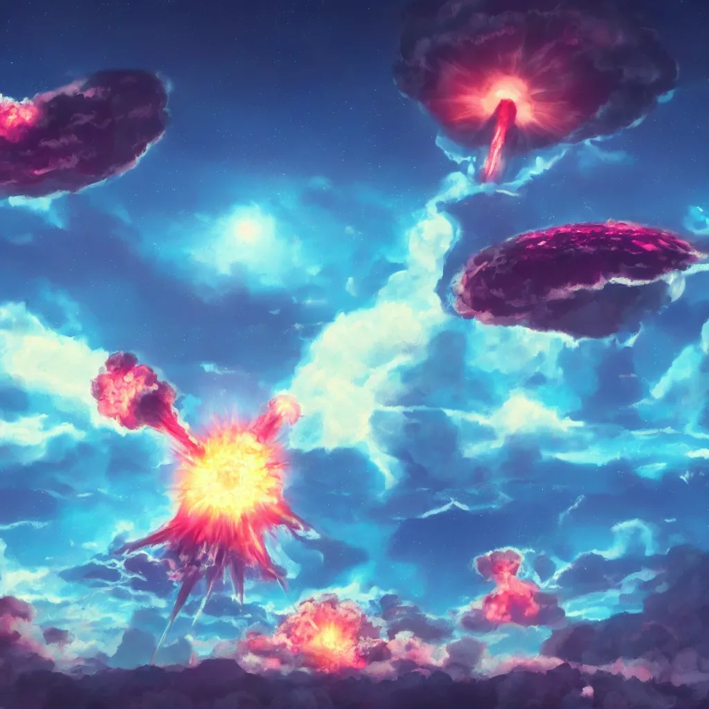 Prompt: a lofi nuclear explosion to study and die to, 4 k, art station, beautiful, blue and pink
