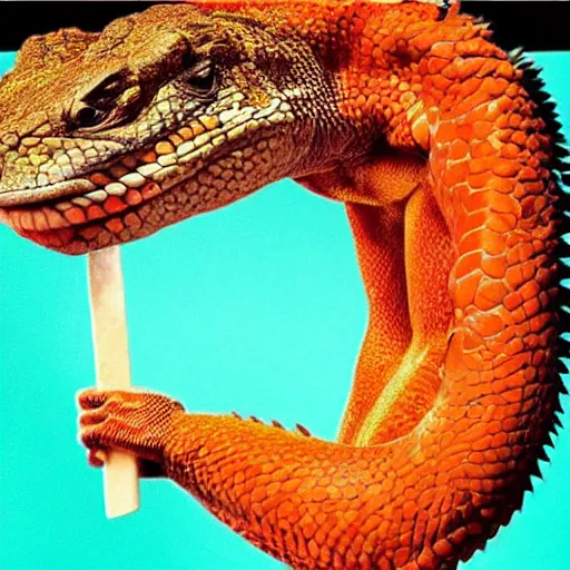 Image similar to “ a muscular komodo dragon, eating orange popsicle, in the style of baz luhrmann, romeo and juliet, hyper realistic, cinematic. ”