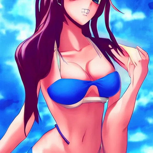 Prompt: Pretty anime girl wearing a bikini in the style of Artgerm