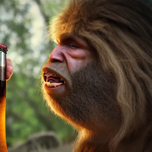 Image similar to photo of ancient caveman shotgunning a beer can, high detail, ultra realistic, 4k UHD, pristine