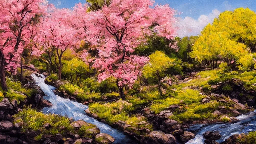 Image similar to A beautiful landscape oil painting of a hill with trees, some people are getting a shower in the river and some others are under the trees, the spring has arrived and the trees are blooming and covered with yellow, pink, purple and red flowers, the river come from the waterfall and is zigzagging and flowing its way, the river has lots of dark grey rocks, by Greg Rutkowski