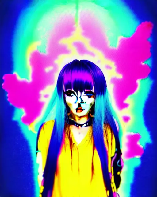 Prompt: neo tokyo japanese anime kawaii decora hologram of rimuru tempest, colourful blue hair, golden yellow eyes, wearing black stylish clothing, holography, irridescent, baroque visual kei glitch art