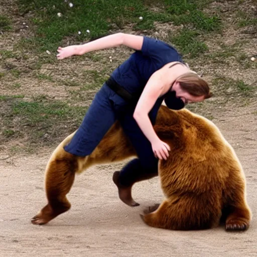 Prompt: emma watson grappling with a bear