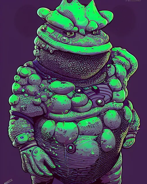 Prompt: a fat slimy anthropomorphic toad king wearing ornate cyberpunk armor, bust shot, smooth, intricate, elegant, power aura, digital painting, artstation, concept art, sharp focus, illustration, art by josan gonzalez, high contrast