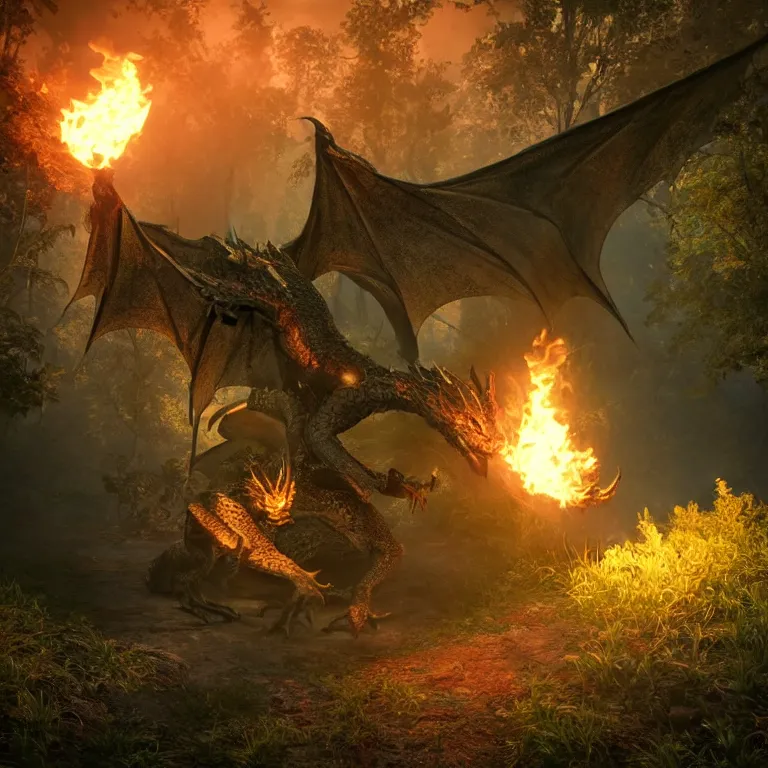 Prompt: A dragon, breathing fire, in a fantasy forest. Fantasy Demo in Unreal Engine. Beautiful glow off the fire. Terrifying dragon with bright eyes.