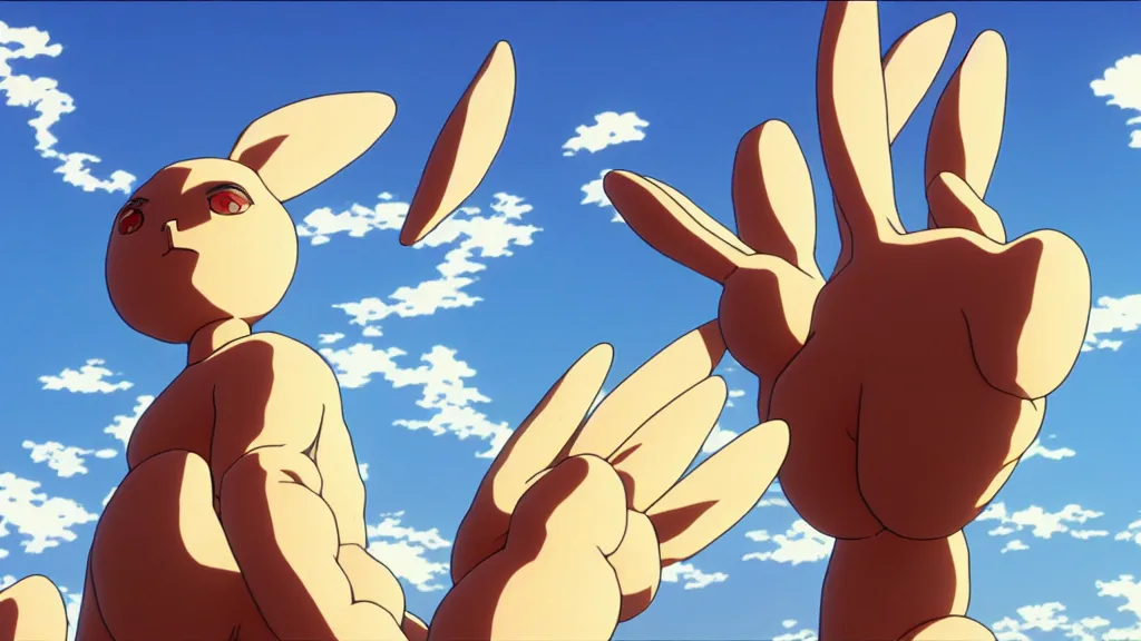 Image similar to a giant statue of a rabbits foot, anime film still from the an anime directed by Katsuhiro Otomo with art direction by Salvador Dalí, wide lens