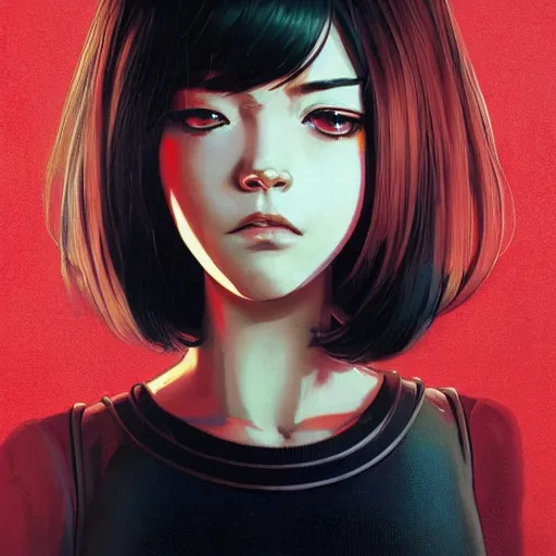 Prompt: A beautiful cyborg woman with big and cute eyes || VERY ANIME, fine-face, red and black robotic parts, realistic shaded perfect face, fine details. Anime. realistic shaded lighting poster by Ilya Kuvshinov katsuhiro otomo ghost-in-the-shell, magali villeneuve, artgerm, Jeremy Lipkin and Michael Garmash, Rob Rey and Kentarõ Miura style, trending on art station