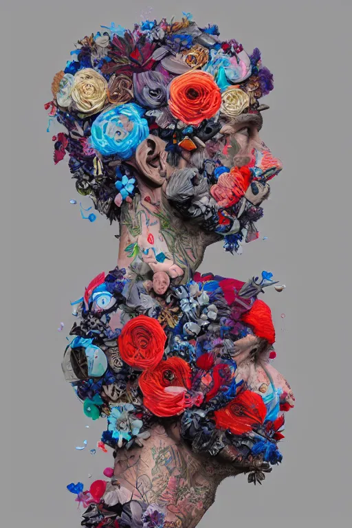 Image similar to a man wearing a helmet with flowers on it, cyberpunk art by James Jean, cgsociety, generative art, made of flowers, made of plastic, made of cardboard