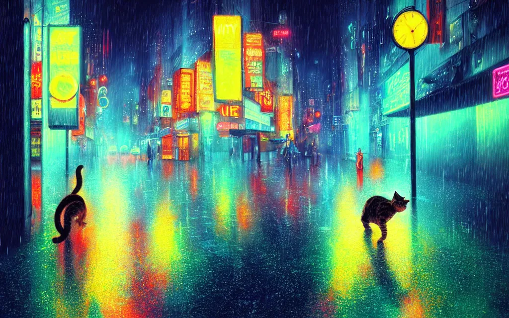 Image similar to cat running through heavy rain in a neon lit street at night by wlop, ultra detailed color art, high detail, digital art