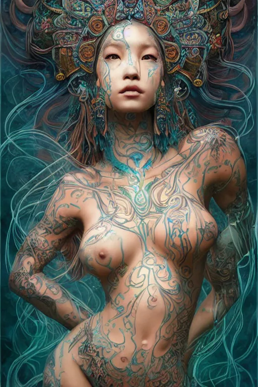 Image similar to a centered full body render of an alluring goddess festival hippy with tribal tattoos surrounded by a underwater ink pour and flowing liquid gallium and sacred geometry, perfect body and face, gorgeous, cinematic, beautifully lit, by miho hirano, by karol bak, by donato giancola, 3 d, trending on artstation, octane render, 8 k