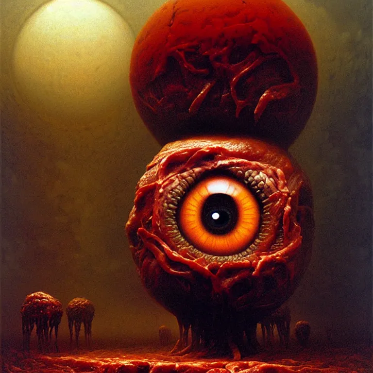 Image similar to a horrifying sphere of meat and eyeballs, by zdzisław beksinski and greg rutkowski, surreal, horror, oil on canvas, dark, nightmare fuel, highly detailed, hd