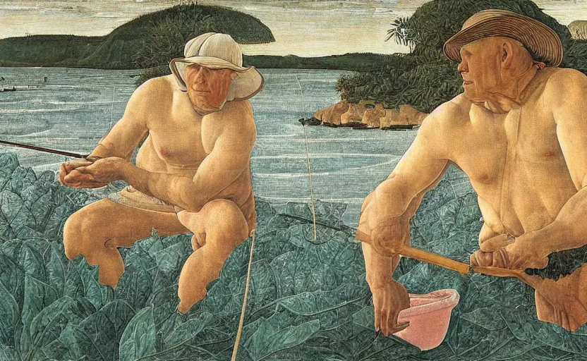 Prompt: painting of Urho Kekkonen fishing in Hawaii by Sandro Botticelli, clear texture, calm, pastel colors