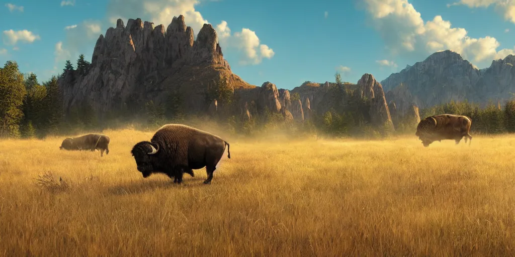 Prompt: a lone native american stalking a buffalo through the long grass in a sandy valley, mountains touching the blue sky, unreal engine 5, concept art, highly rendered, highly detailed, digital painting, detailed and intricate environment