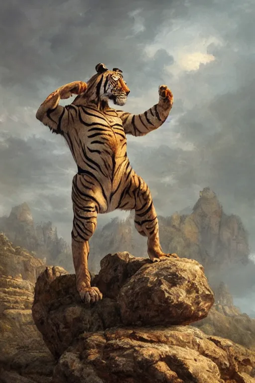 Image similar to a humanoid muscular tiger king stands on a rock by greg rutkowski, magic realism, hyper realistic, 2 0 0 mm lens