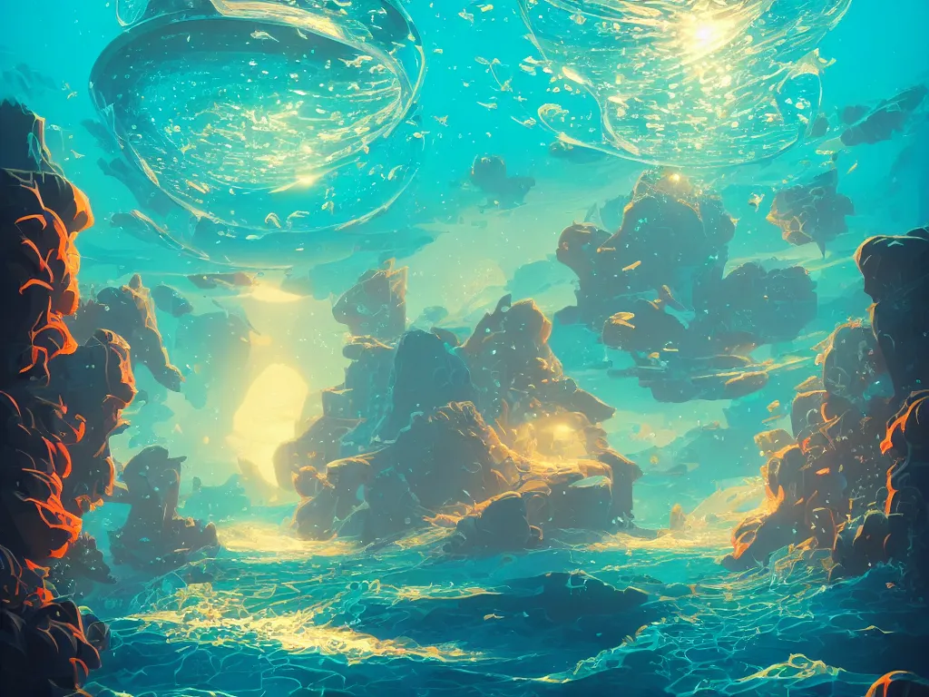 Prompt: kingdom of atlantis, sea flora storm, by petros afshar, ross tran, peter mohrbacher, tom whalen, shattered glass, bubbly underwater scenery, radiant light