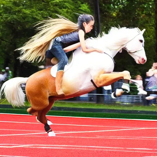 Prompt: a white boy with long brown hair in a pony tail, green eyes, jumping.