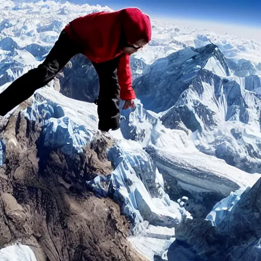 Prompt: a photo of brad pitt breakdancing on the top of mount everest. 4 k.