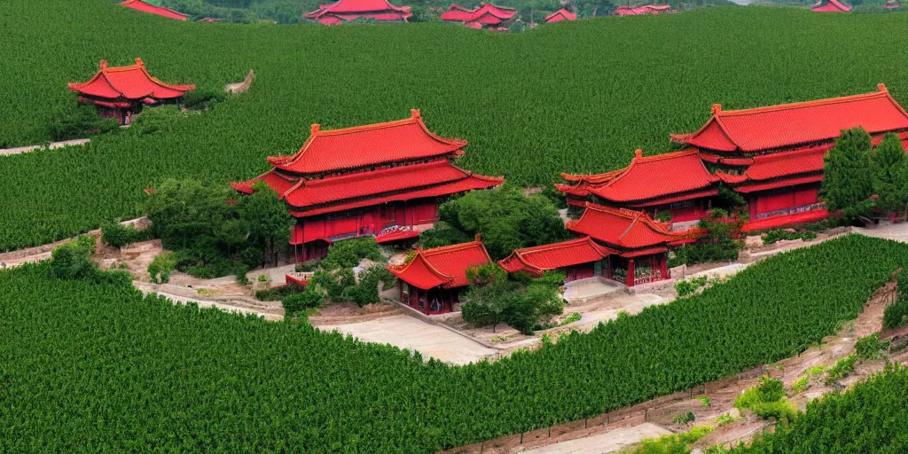 Image similar to A Chinese style winery with red walls and a green roof. The vineyards are sprawling and green, with a river winding through them. In the distance, there are mountains. by zhang zeduan, painting on silk, mi fu, immaculate scale, hyper-realistic, Unreal Engine, Octane Render, digital art, trending on Artstation, 8k, detailed, atmospheric, immaculate