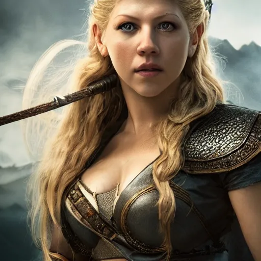 Image similar to portrait art of katheryn winnick, lagertha. vikings, 8 k ultra realistic, lens flare, atmosphere, glow, detailed, intricate, full of colour, cinematic lighting, trending on artstation, 4 k, hyperrealistic, focused, extreme details, unreal engine 5, cinematic, masterpiece