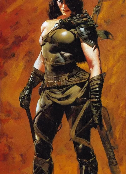 Image similar to portrait of strong female ranger, beautiful! coherent! by frank frazetta, by brom, strong line, deep color, leather armor, short buzzed hair, high contrast