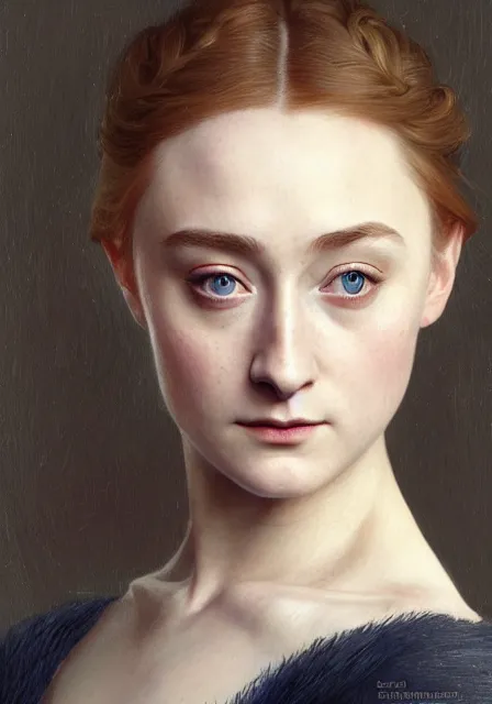 Image similar to sansa saoirse ronan, intricate, elegant, highly detailed, digital painting, artstation, concept art, smooth, sharp focus, illustration, art by artgerm and greg rutkowski and alphonse mucha and william - adolphe bouguereau