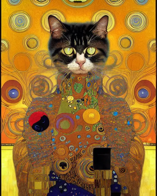 Prompt: doctor cat portrait an oil painting splashes with many colors and shapes by gustav klimt greg rutkowski and alphonse mucha, polycount, generative art, psychedelic, fractalism, glitch art