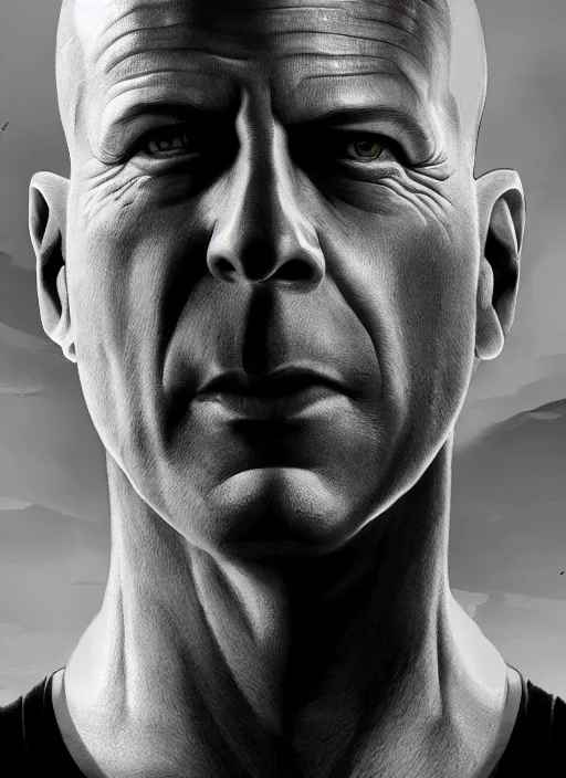 Image similar to highly detailed ink illustration of bruce willis, unreal engine, octane render, b & w clean shaped illustration by ross tran