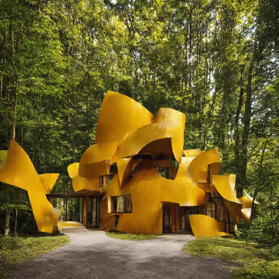 Image similar to a simple horizontal house in a forest, designed by Frank Gehry. Tiles. Wood pathway. Film grain, cinematic, yellow hue